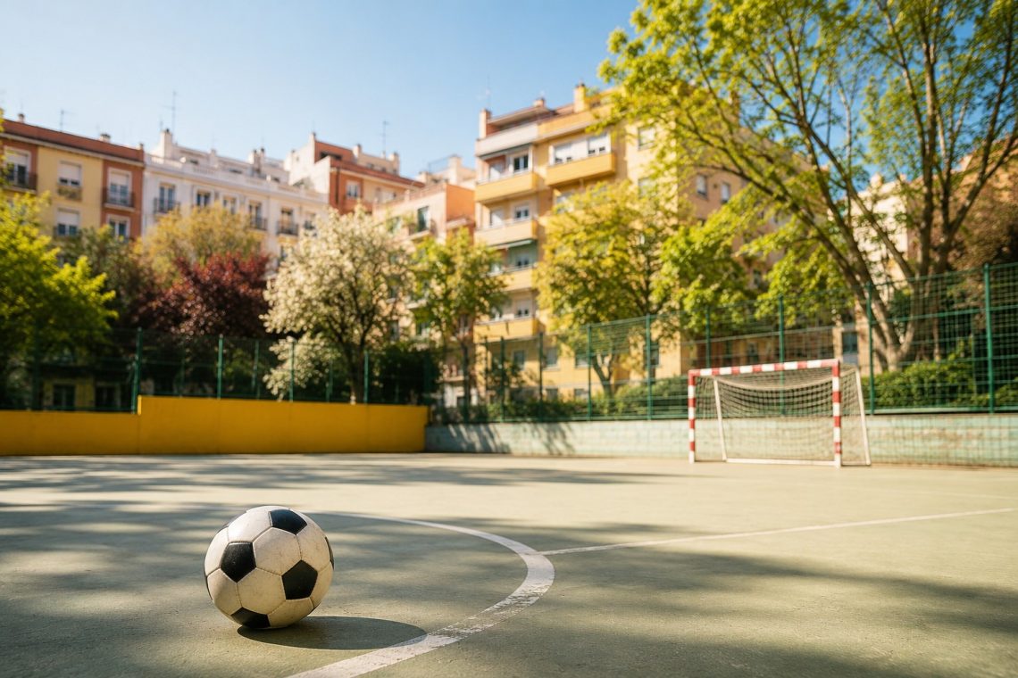 Pista de fútbol de barrio vacía en un patio de Madrid al atardecer, con porterías desgastadas, un balón sobre las líneas pintadas y bancos de madera junto a fachadas antiguas con balcones